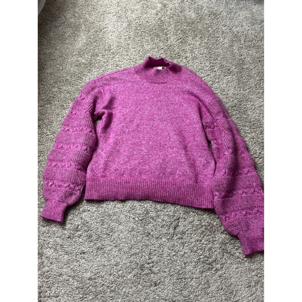 Jessica Simpson Magenta Pink Mock Neck Heart Cable Puff Sleeve Sweater Small